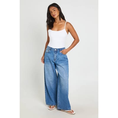 boohoo Dames Petite Mid Waist Loose Fit Wide Leg Jeans | Medium Gebleekt | Maat: 42