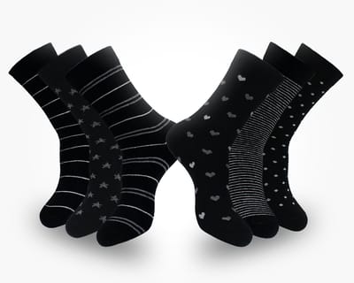 Marco Rossi Dames Sokken Hartjes Gestreept Sterren Print - Bio Katoen - 6-Pack / Multi Black - Maat 39-42
