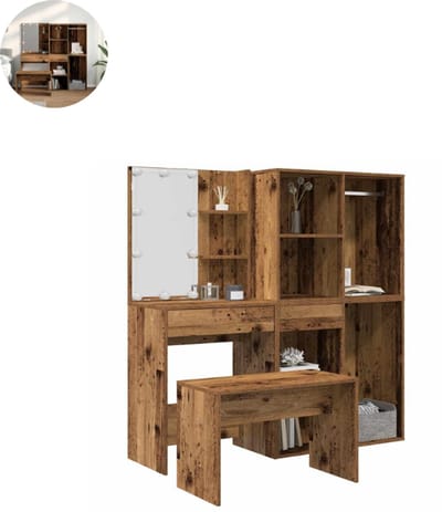Kaptafel met spiegel - Make up tafel - Make up - Toilettafel - Met lades - Oud Hout