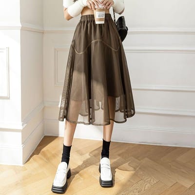 Lente en Zomer Rok Temperament Grote Zwaai Puffy Rok Hoge taille Veelzijdig A-lijn Mesh Midi Rok M koffie