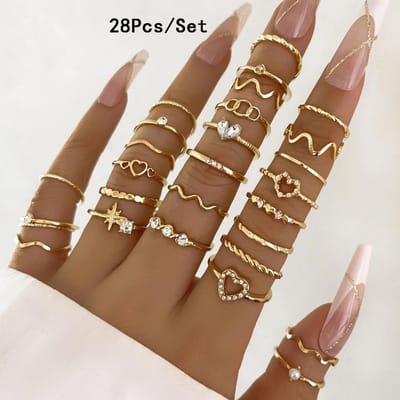 Ensemble de 23 pièces Bagues de phalange tendance pour femmes Cristal Étoile Lune Œil Vague Couleur Or Bagues Bijoux de fête tendance pour femmes Cadeau brown