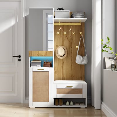 STILVORA Garderobekast Set – Modern Hout-Wit Met Spiegel En 16-Kleurige LED-Verlichting – 3 Deuren Met Rattanlook, Zithoek En Gouden Haken – MDF;Spaanplaat – 110x38x190 cm – Wit+Hout