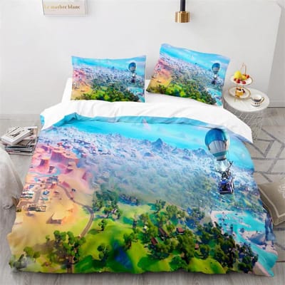Ensemble de literie Fortnite Housse de couette Jeu Cosplay Chambre à coucher Housse de lit Linge de lit Anime Dessin animé Taie d'oreiller Décoration de chambre Cadeau de Noël AU Queen(210*210cm)3pcs