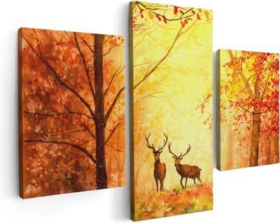 Artaza Canvas Schilderij Drieluik Getekende Herten In Het Bos - Herfst - 90x60 - Foto Op Canvas - Canvas Print