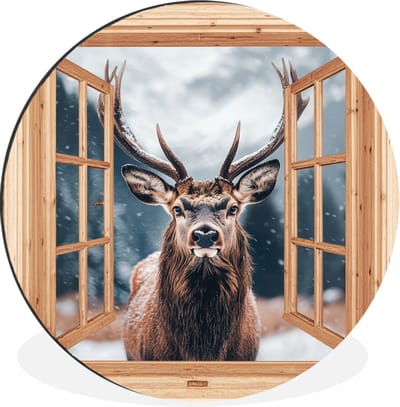 WallCircle - Wandcirkel - Muurcirkel - Doorkijk - Hert - Dieren - Winterlandschap - Sneeuw - Aluminium - Dibond - 140x140 cm - Binnen en Buiten