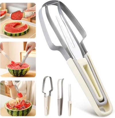 3-in-1 Watermeloen Snijder - Roestvrijstalen Watermeloen Snijder - Creatieve Keuken Fruit Snijder - Watermeloen IJslolly Vorm - Meloen Snijder - Draagbare Fruitvork