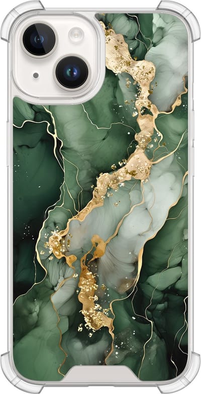 Shockproof hoesje - Geschikt voor iPhone 14 - Marmer groen goud - Extra sterke case - TPU/polycarbonaat - Marmer - Groen, Transparant