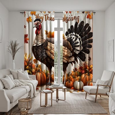 2 stuks set HD Thanksgiving Kalkoen pompoen Esdoornblad decoratief gordijn Geel lint digitaal bedrukt gordijn Huisdecoratie stijl W52H63inchW132H160cm black