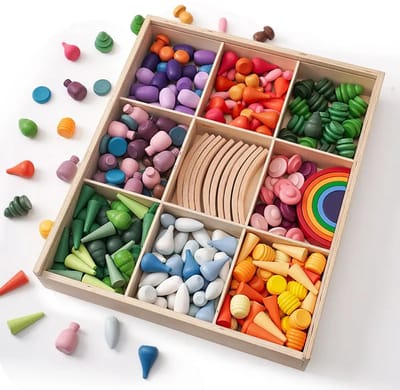 Houten mandela figuren met sorteerbak - Loose parts - Regenboogkleuren - 274 stuks - Open einde speelgoed - Educatief montessori speelgoed