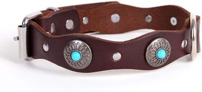 Handgemaakte leren hondenhalsband met vintage golfpatroon en turquoise, ideaal voor middelgrote en grote honden, maat M, duurzaam en stijlvol