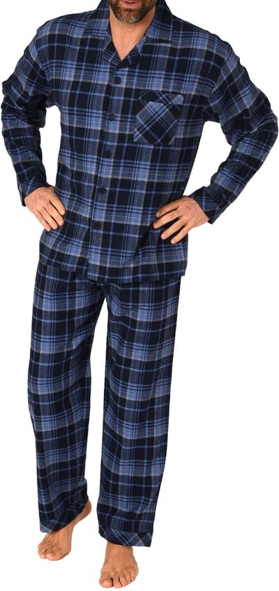 Heren flanellen pyjama met lange mouwen en ruitpatroon