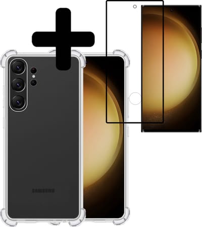 Hoesje - Met Screenprotector - Geschikt voor Samsung Galaxy S23 Ultra - Sterk & Shockproof - Siliconen Case - Back Cover - Telefoon Hoes - Shock Proof - Telefoonhoesjes - Transparant