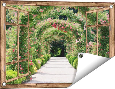 Gards Tuinposter Doorkijk Rozenbogen Tunnel - 60x40 cm - Tuindoek - Tuindecoratie - Wanddecoratie buiten - Tuinschilderij