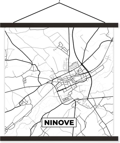 Posterhanger incl. Poster 60x60 cm - Schoolplaat - België – Ninove – Stadskaart – Kaart – Zwart Wit – Plattegrond - Textielposter - Zwarte latten - Stadskaart