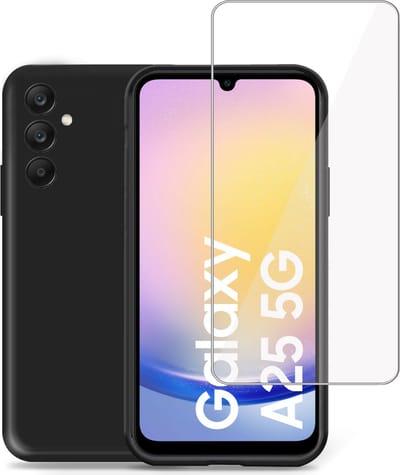 Hoesje + Screenprotector geschikt voor Samsung Galaxy A25 – Tempered Glass - Liquid Back Case Cover Zwart