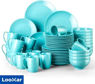LooMar Serviesset – 48 delig – 12 persoons – Porselein - Luxe – Bordenset – Dinner platen – Dessertborden - Fel Licht Blauw