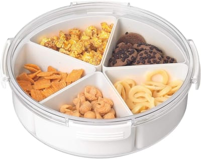 QTTVBTNA – 1 Stuk Snackbox – Ronde met Deksel – Lunchbox – Snack Schaal met 5 Vakken – Serveerschaal voor Fruit, Groenten, Snoep en Snacks – Opbergdoos en Serveerschaal voor Keuken, Feest, Picknick en Tafelpresentatie – 26 × 8 cm