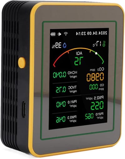 Luchtkwaliteit Detector - Luchtmeter Tester - Binnenklimaat Monitoren - 15-in-1 Metingen - 90 x 70 x 35 mm - Zwart Geel