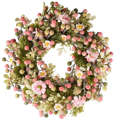 Dekoratief | Krans m/bloemen/bessen, roze/groen, pvc, 31x31cm | A260817