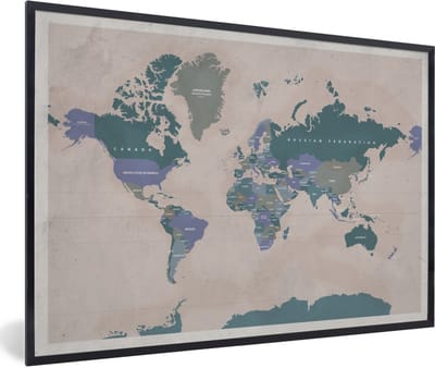 Poster in lijst - Fotolijst 90x60 cm - Posters - Wereldkaart - Vintage - Paars - Kind - Meiden - Jongens - Posterlijst zwart - Decoratie - Wanddecoratie woonkamer - Muurdecoratie slaapkamer