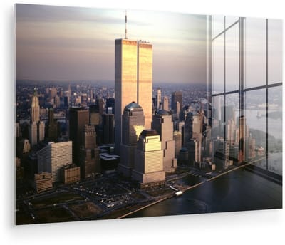 ® Glasschilderij 180x120 cm - Schilderij acrylglas - Luchtfoto van Manhattan's World Trade Center boven de Hudson rivier in New York - Foto op glas - Muurdecoratie woonkamer - Wanddecoratie slaapkamer - Schilderijen