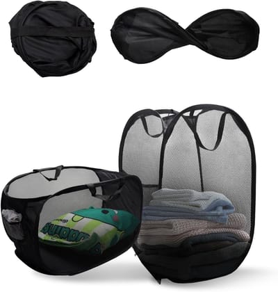 Dailygoods- Wasmand 2 Stuks - Opvouwbaar - Pop-Up - Ademend - Zwart - Grote Wasverzamelaar met Handvat - Wasmanden