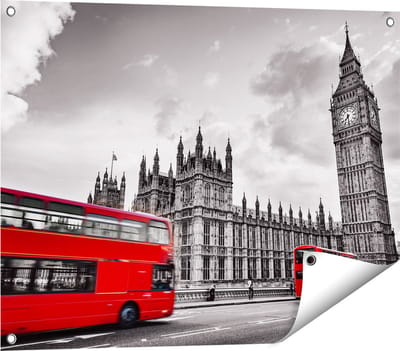Gards Tuinposter Rode Bussen in Londen - Retro - 80x60 cm - Tuindoek - Tuindecoratie - Wanddecoratie buiten - Tuinschilderij
