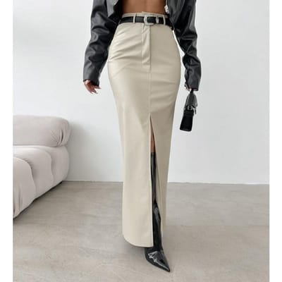 Dames Leer Design Split Effen Kleur Hoge Taille Simpele Leer Slanke Rok S wit