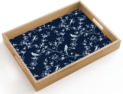 Dienblad hout 40x30 cm - Schootdienblad - Grafisch - Bloesemtak - Blauw - Borrelplank rechthoek - Plateau dienbladen