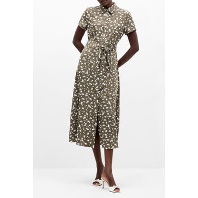 French Connection Printed Ss Shirt Dress Khaki/white Maat: 6 | Midi Jurken Outlet | Dames | Bruin