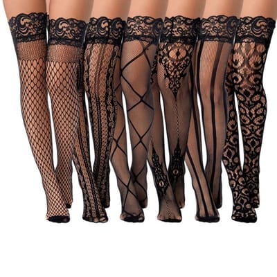 Dames 4 Paar/6 Paar Grote Maat Sexy Kousen Anti-Slip Siliconen Visnet Kniekousen Vrouwen Kant Bloemen Voor 50-85Kg Lange Kousen For 50-85kg black