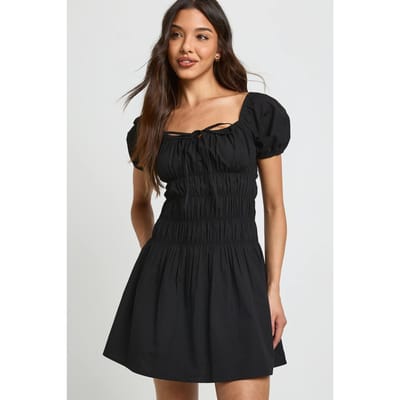boohoo Dames Katoenen Popeline Mini-jurk Met Gesmockt Lijfje En Pofmouwen | Zwart | Maat: 36