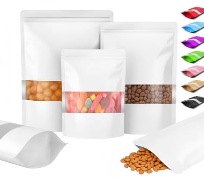 100 Stuks Staande Hersluitbare Zakjes met Venster, Aluminium Mylar Doypack, Gekleurde Herbruikbare Stazakken, Plastic Ziplock Zakjes Voor Voedselverpakking en Opslag (Wit, 10 x 15 cm)