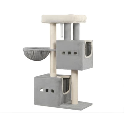 Kattenboom – Voor Binnenkatten – 98 cm Kattenboom met Sisal Krabpaal, Multi-Level Stabiel Kattenmeubel met Kattenhuis, 2 Holletjes en Speelballetjes – Grijs