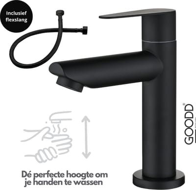 GOODD® Toulon - Fonteinkraan - Toiletkraan - Koudwaterkraan - Wc kraan - Zwart - Nylon aansluitslang