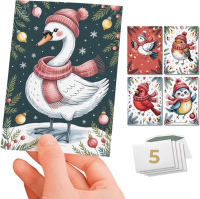 Inspra Studio – Luxe Kerstkaarten met Enveloppen – 5 Stuks – Roodborstje, Zwaan, Koolmees, Kardinaal & Duif Wenskaarten – Handgetekende Dieren Illustraties