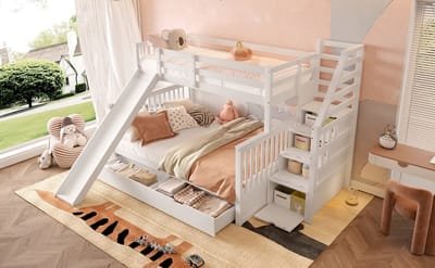 Stapelbed Met Glijbaan En Opbergruimte - Hoogslaper 90x200 En 140x200 - Kinderbed Met Laden - Wit