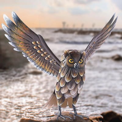 Tuinuil Metalen Sculptuur voor Buitendecoratie - Staande Vogelkuns