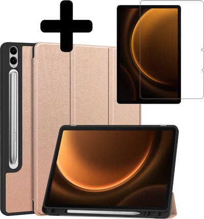 Hoes - Geschikt voor Samsung Galaxy Tab S9 FE Plus - Met Screenprotector - Trifold Bookcase - Hard Cover Case - Met Uitsparing Geschikt voor S Pen - Hardcover Book - Tablet Hoesje - Rosé goud