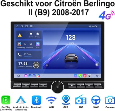 Junsun Android 15 Autoradio Geschikt voor Citroën Berlingo II (B9) 2008-2017, 6GB+128GB, Draadloze CarPlay & Andriod Auto, DAB+, GPS-navigatie, Bluetooth, Stuurwielbediening, WiFi, FM, RDS, USB, 13,1-inch 2K Touchscreen, DSP, 4G, Octa-core processor