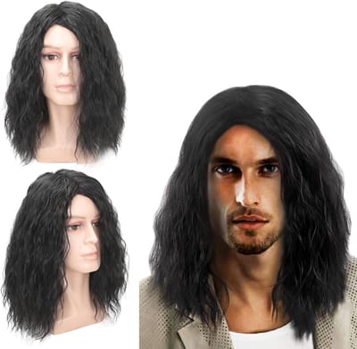 Lange zwarte krullende herenperruque van 16 inch voor kostuums, cosplay en feesten in de jaren 70 en 80
