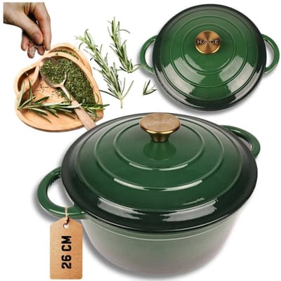 Hage - Braadpan - Geëmailleerde Gietijzeren Braadpan - Casserole - Geschikt voor Inductie, Gas & Oven - Inclusief Pannenonderzetter & Handgreepbeschermers - 5 Liter - Ø26 x 18 cm - Donkergroen