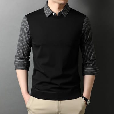 Lente T-shirt met lange mouwen Heren Nieuw Shirtkraag Nep Twee Delen Sweatshirt Los Heren Casual Shirtkraag Basis Shirt XXXL black