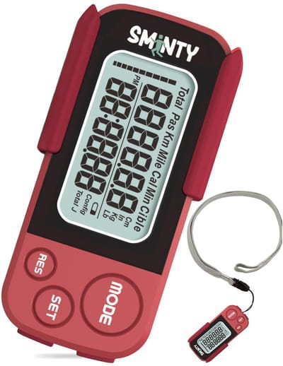 Sminty® Stappenteller Broekzak Rood – Activity Tracker - Stappentellers – Pedometer - 3D Sensor – Groot Scherm – Volledige Privacy – Clip – Dames – Mannen - Kinderen - Nijmeegse Vierdaagse