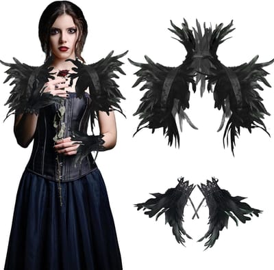 Gothic Kostuum met Zwarte Veer Kraag en Veer Manchetjes voor Cosplay en Carnaval Feestjes