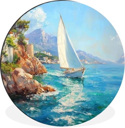 WallCircle - Wandcirkel - Muurcirkel - Zeilboot - Rotsen - Kust - Huizen - Aluminium - Dibond - 30x30 cm - Binnen en Buiten