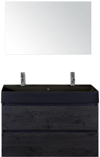 Maxx XL Badmeubelset 100 cm - Black Oak - Wastafel Kube Zwart 2 Kraangaten met Spiegel
