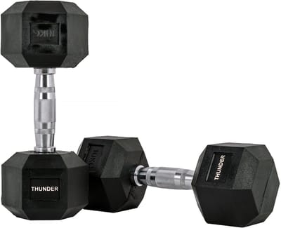 THUNDER® | HEXAGONAL-DUMBBELLS-10KG | Zwarte Rubberen Halter | Stalen Kern | Voor Krachttraining & Fitness | Antislip | Duurzaam & Professioneel | Per Stuk - Stevige Grip