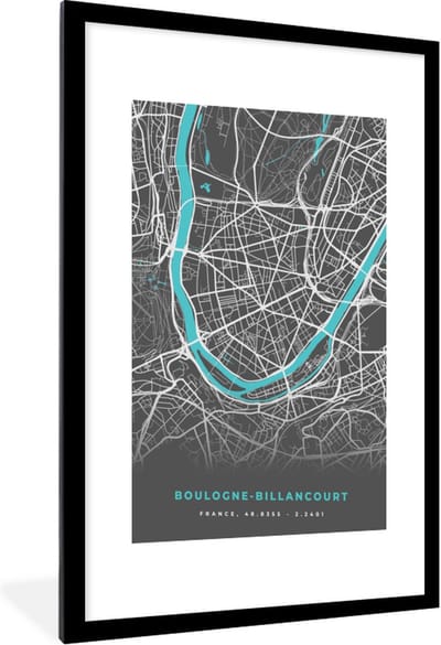 Fotolijst incl. Poster - Frankrijk - Boulogne-Billancourt - Stadskaart - Kaart - Plattegrond - 60x90 cm - Posterlijst