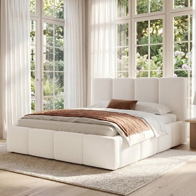 MODFU Tweepersoonsbed - Gestoffeerd Hoofdbord - Met Lattenbodem - Minimalistisch - Slaapkamer - Stof - Beige - 180 X 200 Cm